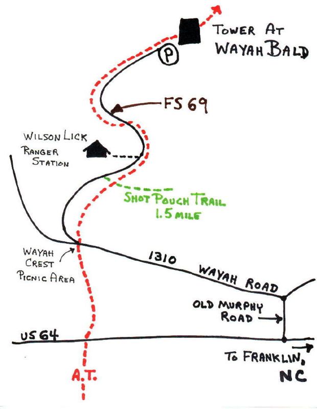 Map shows Wayah Road crossing in Wayah Gap and FS road 69 to tower. You can also see the short hike south to US route 64, not shown passing Sieler Bald.  Courtesy elversonhiker@yahoo.com